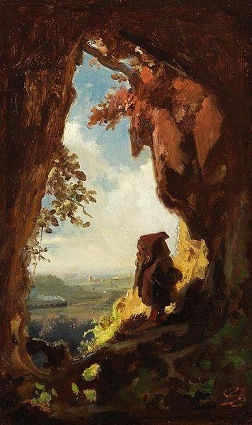 Carl Spitzweg Gnome watching railway train oil painting picture
